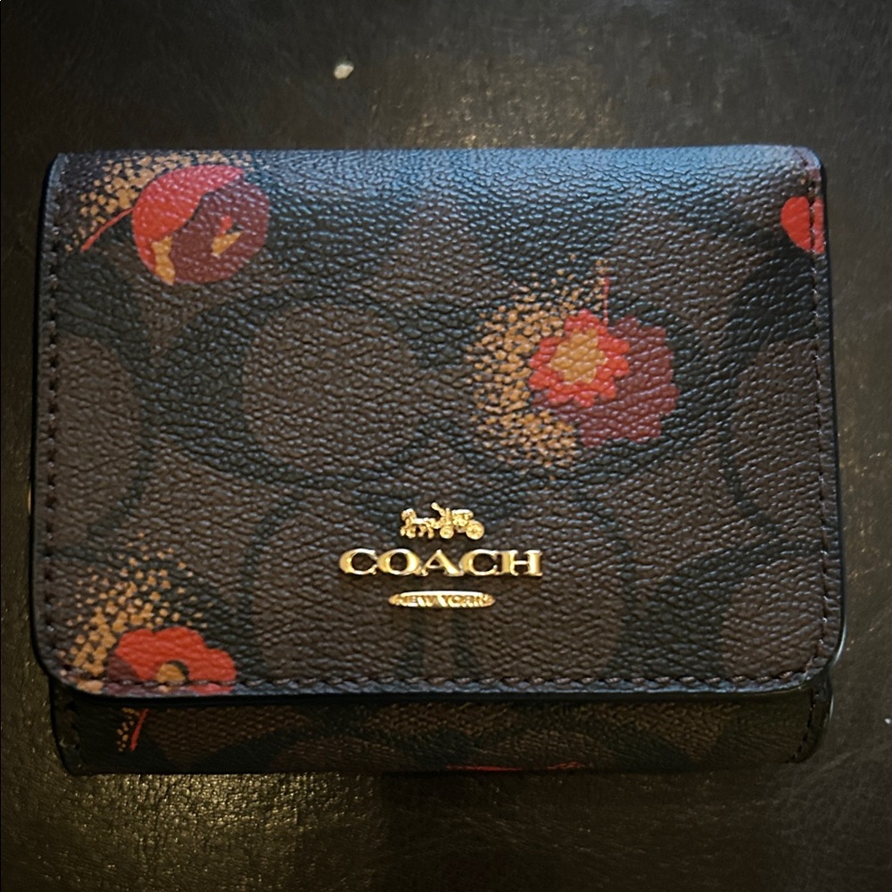 Coach Black Wallet with Red Floral Accents